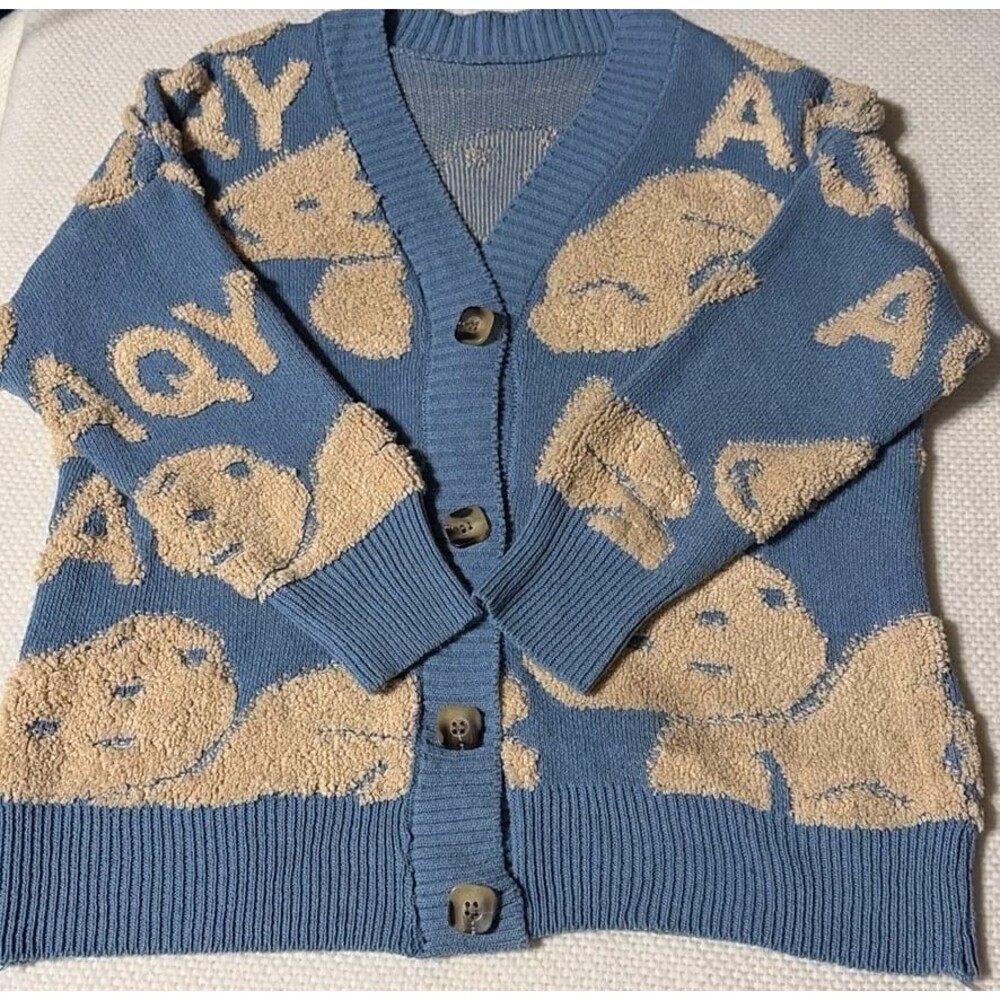 Blue & Tan Bear Graphic Button Front Cardigan Sweater